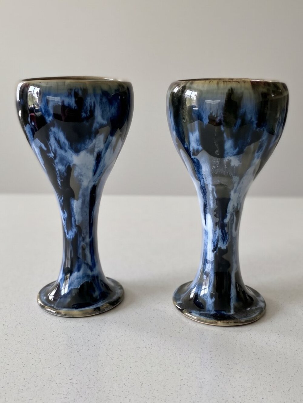 Handcrafted Ceramic Goblets Set of 2 Blue Black Glaze Pottery Chalices 7.75”